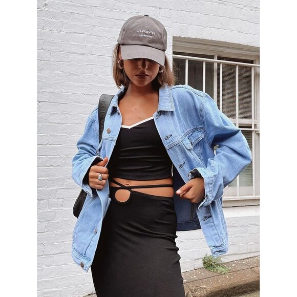 Womens Blue Oversized Vintage Denim Jacket Long Sleeve Boyfriend Casual Coat - Picture 4 of 6